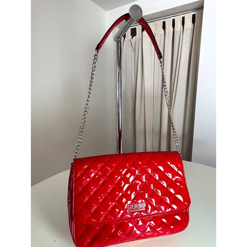 Y2K Red patent quilted Guess Melise shoulder bag.